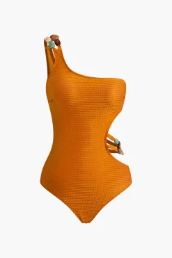 MICAS Swimwear-Bead Cut Out One Shoulder Swimsuit And Leaves Print Wrap Skirt Set MULTICOLOR