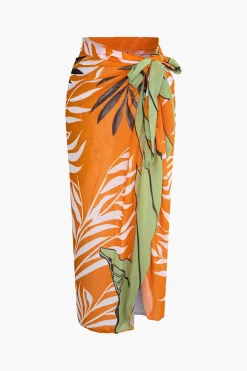 MICAS Swimwear-Bead Cut Out One Shoulder Swimsuit And Leaves Print Wrap Skirt Set MULTICOLOR