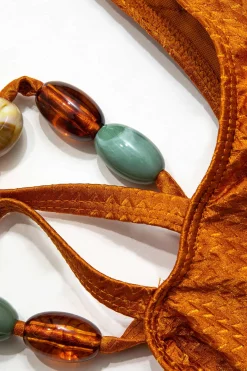 MICAS Swimwear-Bead Cut Out One Shoulder Swimsuit And Leaves Print Wrap Skirt Set MULTICOLOR