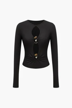 MICAS Long Sleeve Tops|Long Sleeves Tops-Bead Detail Cut Out Long Sleeve Top BLACK