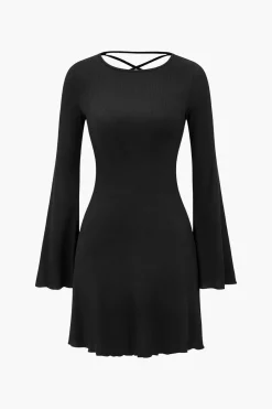 MICAS Mini Dresses|Long Sleeve Dresses-Bell Sleeve Back Lace Up Detail Mini Dress BLACK