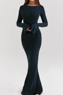 MICAS Long Sleeve Dresses|Knitwear-Bell Sleeve Backless Long Sleeve Maxi Dress DARK BLUE