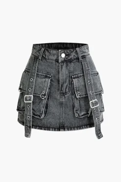 MICAS Skirts-Belt Detail Flap Pocket Denim Mini Skirt