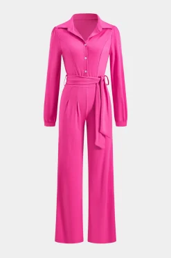 MICAS Jumpsuits & Rompers-Belted Button Long Sleeve Jumpsuit RASPBERRY