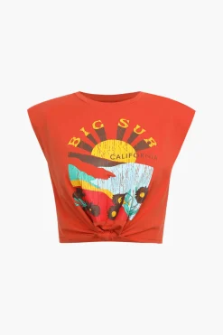 MICAS T-Shirts|Tank Tops & Cami-Big Sur Graphic Padded-Shoulder Knot Hem T-Shirt DARK ORANGE