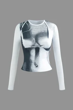 MICAS Skirt Sets-Body Print Long Sleeve Top And Maxi Skirt Set WHITE