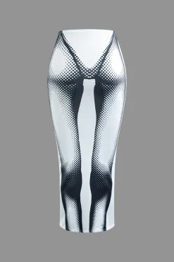 MICAS Skirt Sets-Body Print Long Sleeve Top And Maxi Skirt Set WHITE