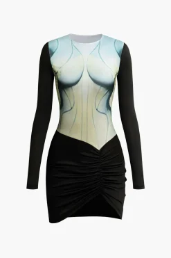 MICAS Long Sleeve Dresses|Mini Dresses-Body Print Round Neck Long Sleeve Ruched Mini Dress Contrast Color
