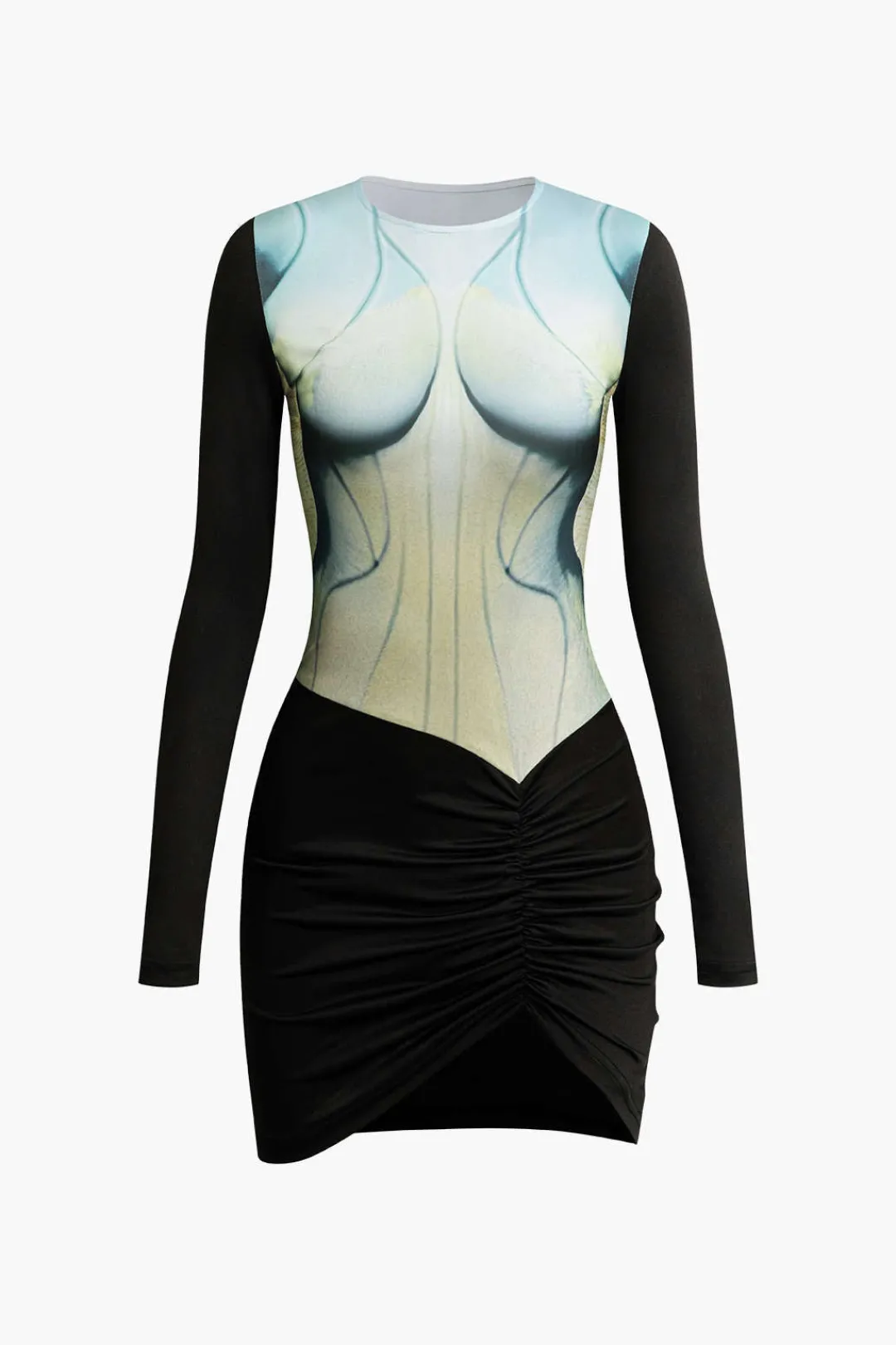 MICAS Long Sleeve Dresses|Mini Dresses-Body Print Round Neck Long Sleeve Ruched Mini Dress Contrast Color