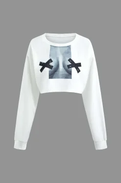 MICAS Long Sleeve Tops|Long Sleeves Tops-Body Print Round Neck Long Sleeve Crop Top