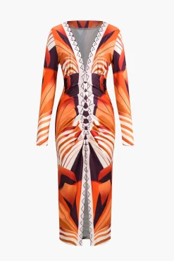 MICAS Long Sleeve Dresses|Maxi Dresses-Bohemian Print V-Neck Long Sleeve Maxi Dress TANGERINE
