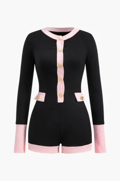 MICAS Jumpsuits & Rompers-Botton Patchwork Long Sleeve Romper PINK