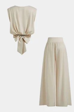 MICAS Pant Sets-Bow Back Round Neck Short Sleeve Top And Wide Leg Pants Set BEIGE