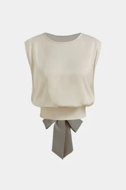 MICAS Pant Sets-Bow Back Round Neck Short Sleeve Top And Wide Leg Pants Set BEIGE