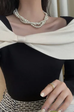 MICAS Long Sleeve Tops|Long Sleeves Tops-Bow Design Patchwork Long-Sleeve Top BLACK