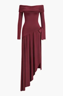 MICAS Long Sleeve Dresses|Maxi Dresses-Bow Off Shoulder Long Sleeve Maxi Dress BURGUNDY