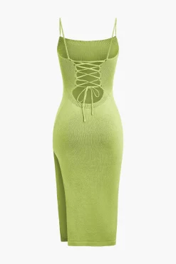 MICAS Knitwear|Knit Dresses-Braided Tie Slip Slit Knit Midi Dress