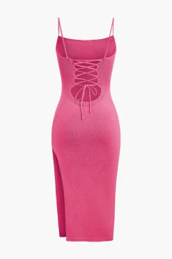 MICAS Knitwear|Knit Dresses-Braided Tie Slip Slit Knit Midi Dress