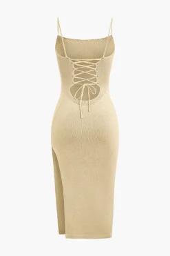 MICAS Knitwear|Knit Dresses-Braided Tie Slip Slit Knit Midi Dress