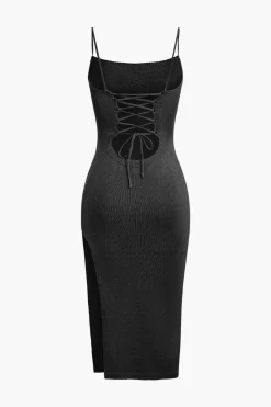 MICAS Knitwear|Knit Dresses-Braided Tie Slip Slit Knit Midi Dress