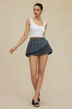 MICAS Skirts-Buckle Layer Pleated Mini Skirt