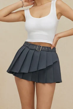 MICAS Skirts-Buckle Layer Pleated Mini Skirt
