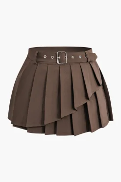 MICAS Skirts-Buckle Layer Pleated Mini Skirt