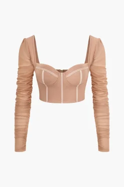 MICAS Long Sleeve Tops|Long Sleeves Tops-Bustier Mesh Patchwork Long Sleeve Top