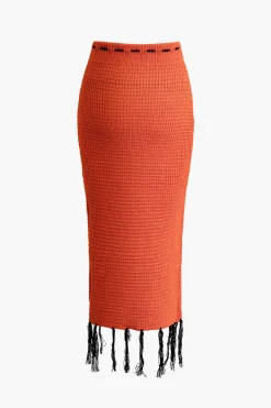 MICAS Knit Sets-Butterfly Tie Halter Tank Top And Tassel Midi Skirt Set