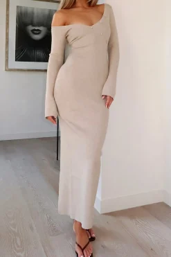 MICAS Long Sleeve Dresses|Maxi Dresses-Button Asymmetric Neck Long Sleeve Maxi Dress BEIGE
