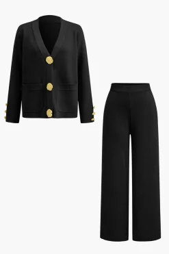 MICAS Knitwear|Knit Sets-Button Detail Knit Cardigan And Wide-Leg Pants Set