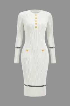 MICAS Long Sleeve Dresses|Knitwear-Button Knit Tie-Up Pocket Sweater Dress
