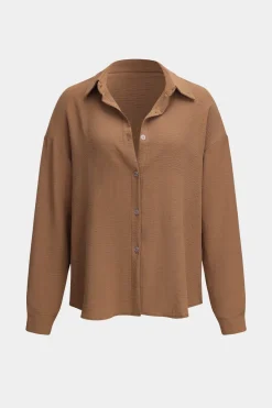 MICAS Pant Sets-Button Long Sleeve Shirt And Wide Leg Trousers Set TAN