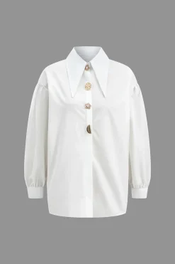 MICAS Long Sleeve Tops|Long Sleeves Tops-Button Long-Sleeve Shirt WHITE