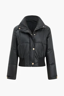 MICAS Outerwear|Outerwear-Button Padded Stand Collar Long Sleeve Puffer BLACK