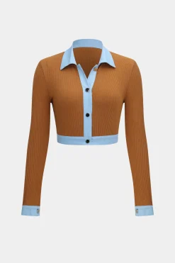 MICAS Pant Sets-Button Patchwork Long Sleeve Top And Zipper Trousers Set