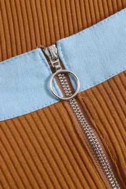 MICAS Pant Sets-Button Patchwork Long Sleeve Top And Zipper Trousers Set