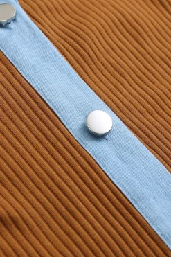 MICAS Pant Sets-Button Patchwork Long Sleeve Top And Zipper Trousers Set