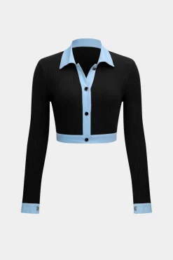 MICAS Pant Sets-Button Patchwork Long Sleeve Top And Zipper Trousers Set