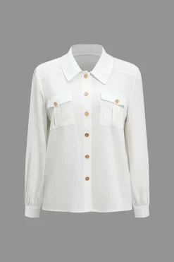 MICAS Long Sleeve Tops|Long Sleeves Tops-Button Pocket Long-Sleeve Shirt WHITE