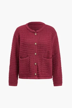 MICAS Outerwear|Outerwear-Button Sweater Cardigan BURGUNDY