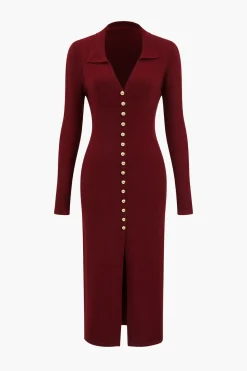 MICAS Long Sleeve Dresses|Knitwear-Button Sweater Maxi Dress BURGUNDY