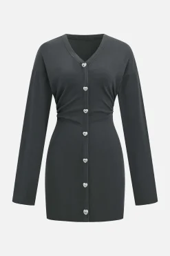 MICAS Mini Dresses|Long Sleeve Dresses-Button V-Neck Long Sleeve Mini Dress GRAY