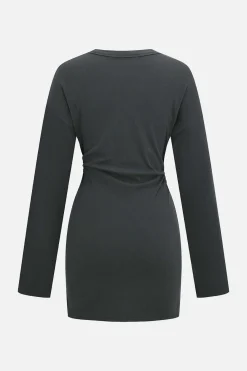 MICAS Mini Dresses|Long Sleeve Dresses-Button V-Neck Long Sleeve Mini Dress GRAY