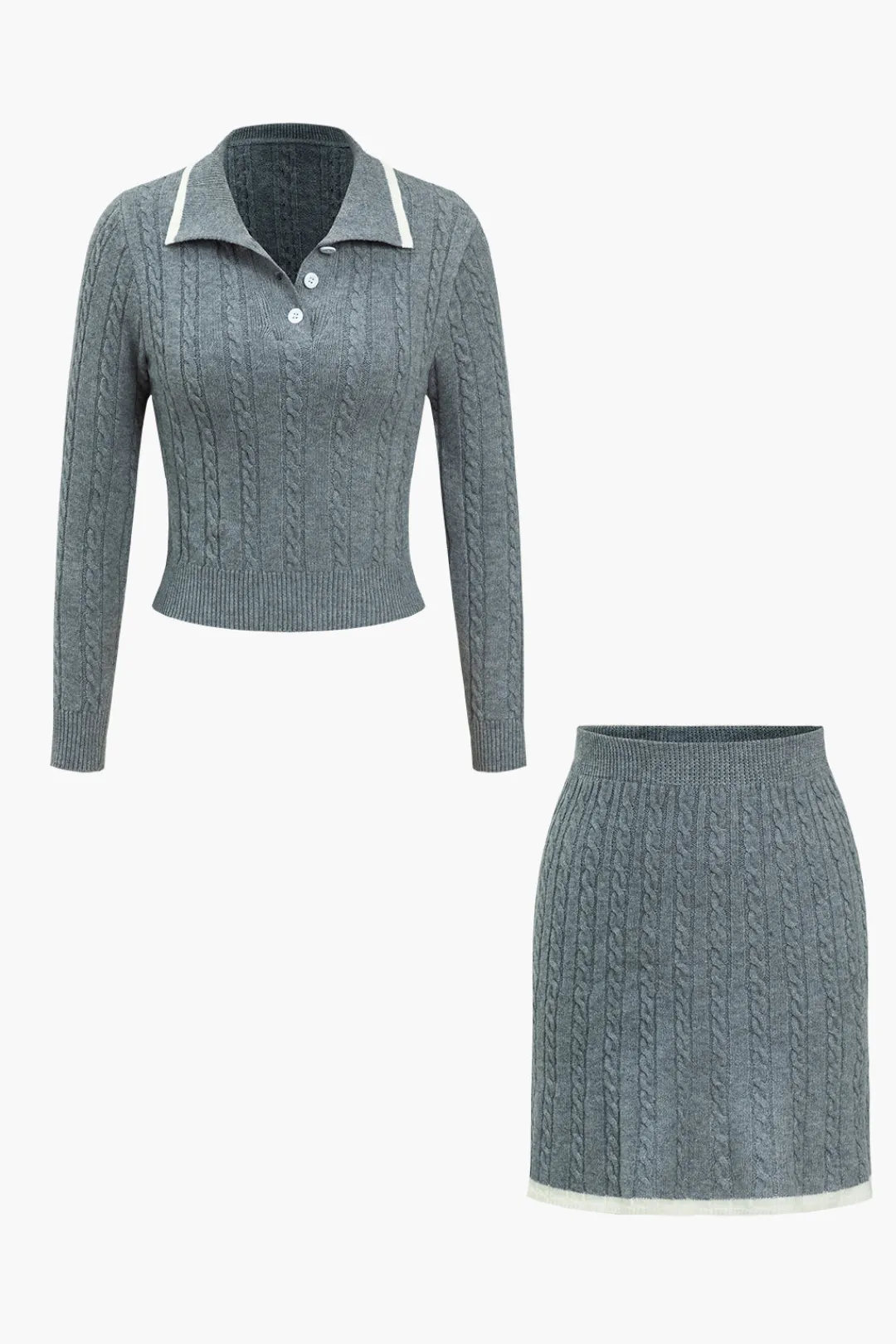 MICAS Knit Sets-Cable Knit Color Block Skirt Set GRAY