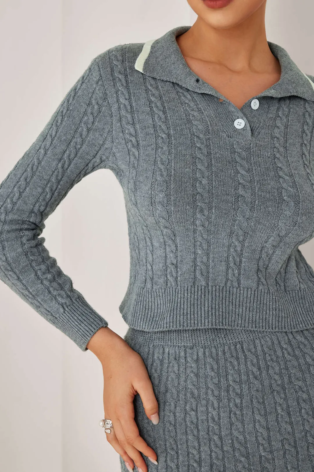 MICAS Knit Sets-Cable Knit Color Block Skirt Set GRAY