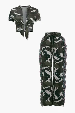 MICAS Pant Sets-Camo Print Fringe Pocket Top And Trouser Set MULTICOLOR