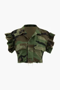 MICAS Blouses & Shirts-Camo Ruffle Sleeve Crop Frayed T-Shirt MILITARY