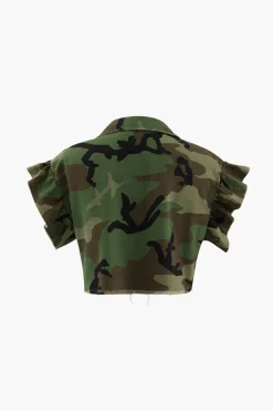 MICAS Blouses & Shirts-Camo Ruffle Sleeve Crop Frayed T-Shirt MILITARY
