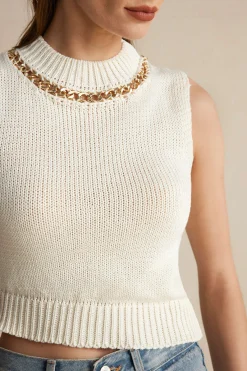 MICAS Knit Tops-Chain Asymmetrical Hem Sweater Tank Top BEIGE